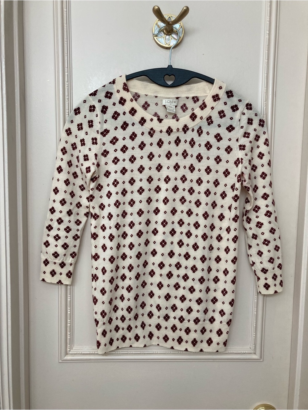 J. Crew Cream Crewneck Sweater with Burgundy Diamond Motif